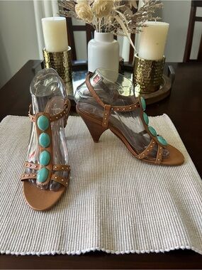 b. makowsky Tan Heeled Sandals with Turquoise Cabochons
